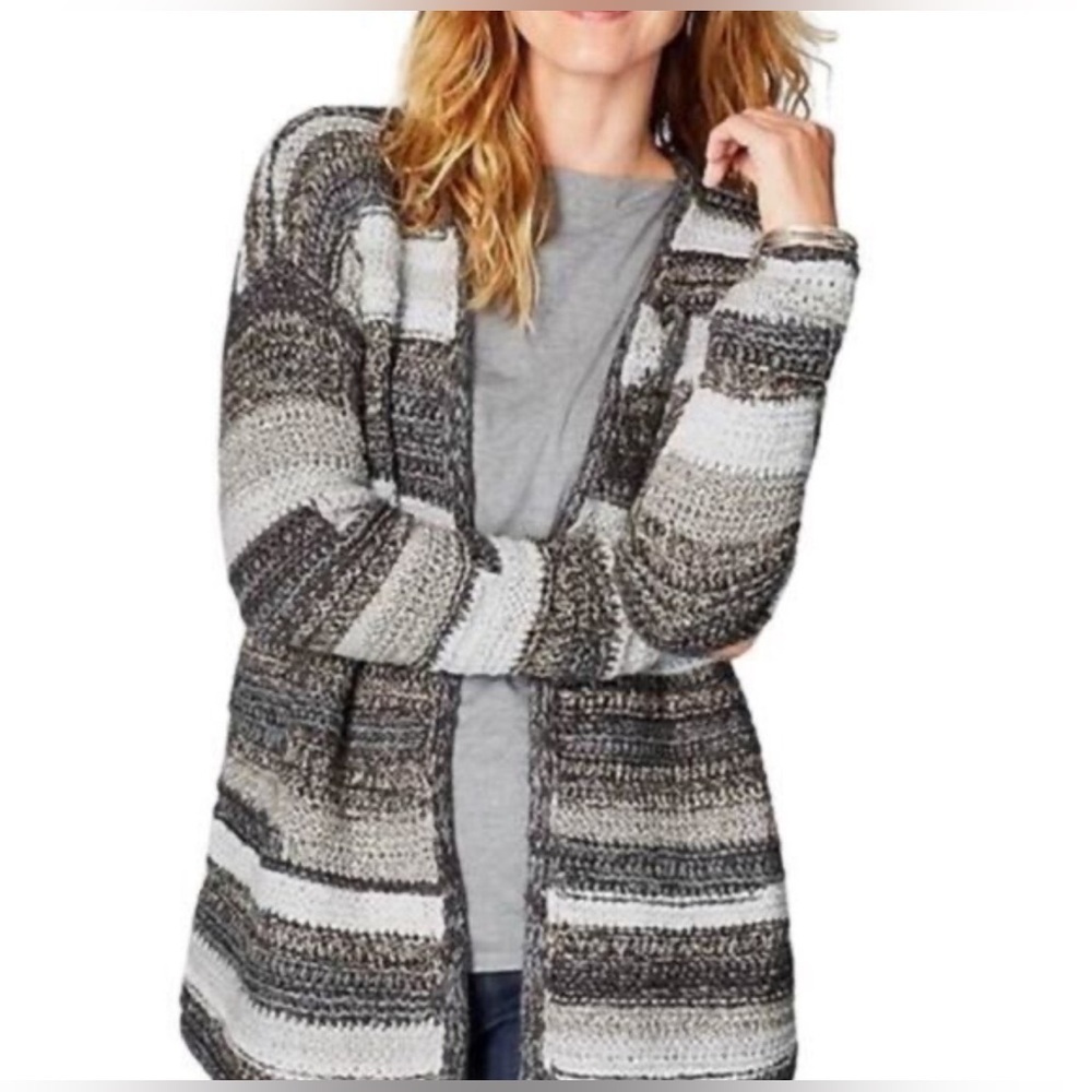 J.Jill Womens Intarsia Cotton Fall Chunky Knit Open Front Cardigan Sweater M